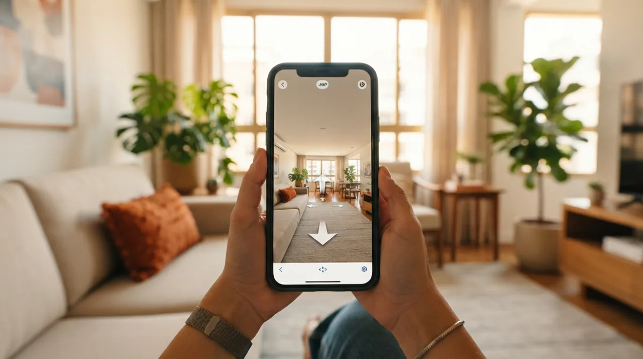 Ilustração: tela de um smartphone exibindo a interface de edição de um tour 360 com setas de navegação entre os cômodos