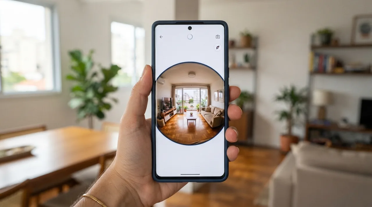 Ilustração: tela de um smartphone mostrando um ambiente residencial em formato esférico de trezentos e sessenta graus