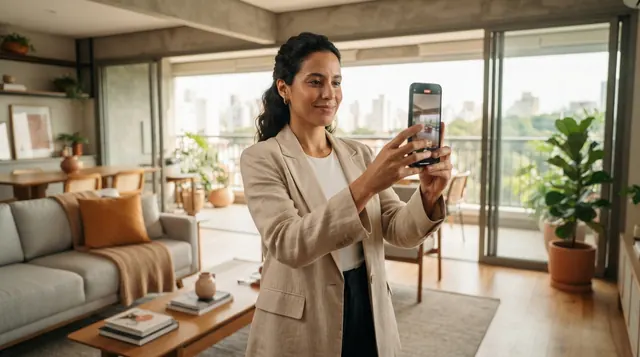 Ilustração: corretor de imoveis segurando o smartphone na vertical enquanto grava o tour pela sala integrada