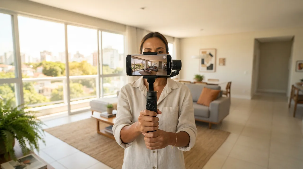 Ilustração: celular apoiado em gimbal na altura do peito apontado para a sala de estar ampla e iluminada