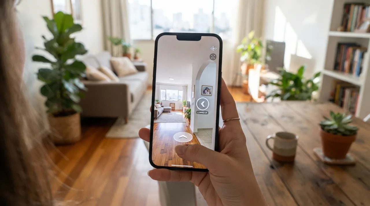 Tour virtual com iPhone mostrando pontos de transição entre sala e corredor