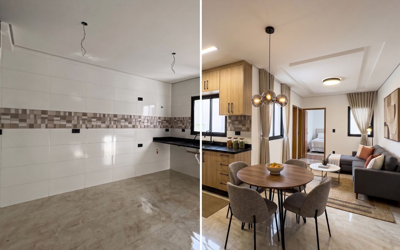 Antes e depois do mesmo imóvel: à esquerda, vazio e no contrapiso; à direita, mobiliado e decorado com IA