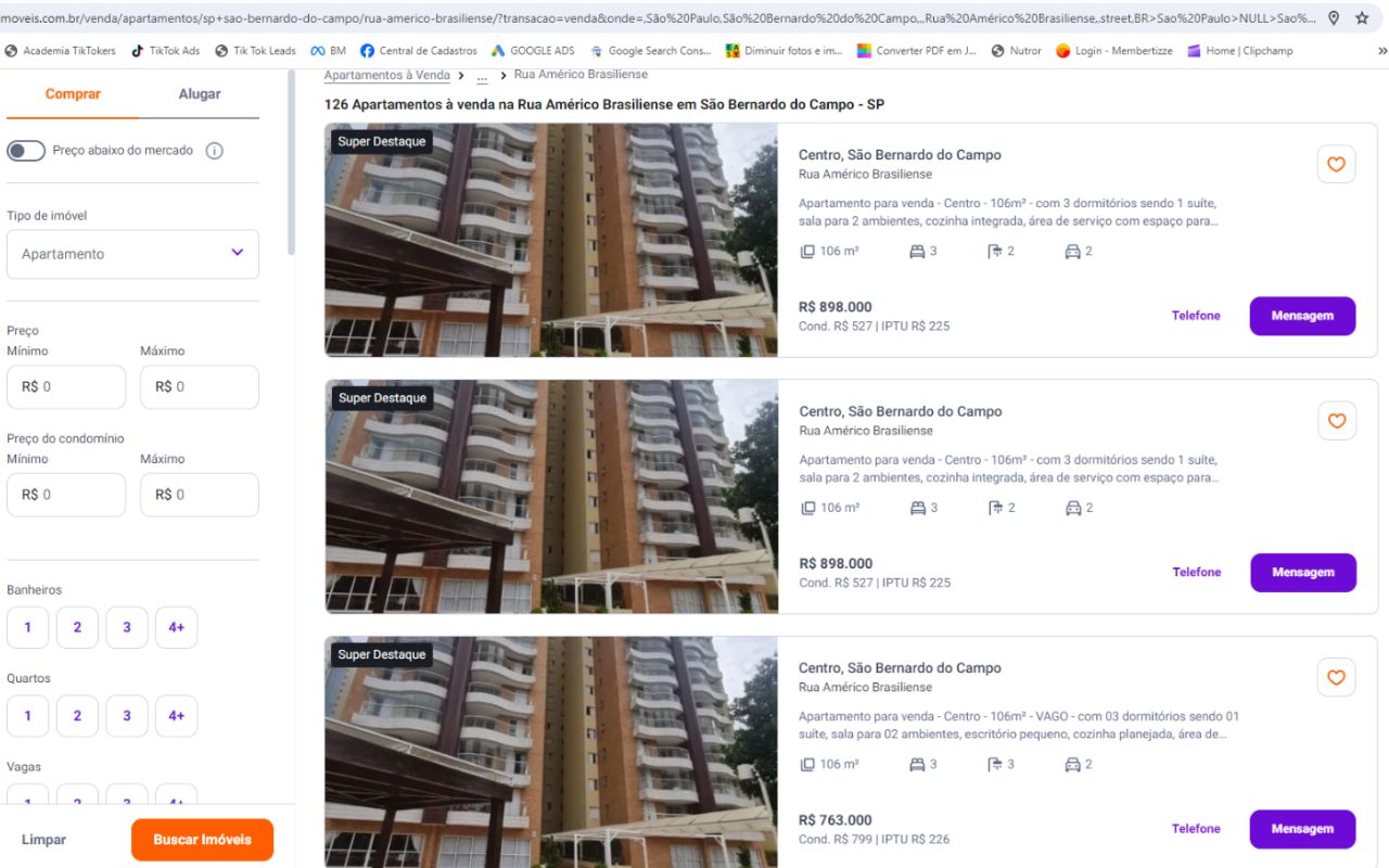 Resultado de busca em portal imobiliário: o mesmo apartamento anunciado várias vezes, com a mesma foto e preços diferentes