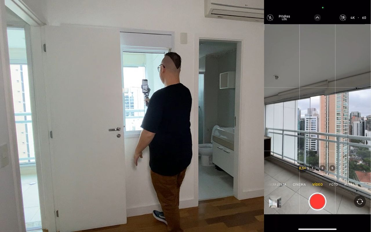 Fellipe gravando um tour de vídeo com celular e estabilizador